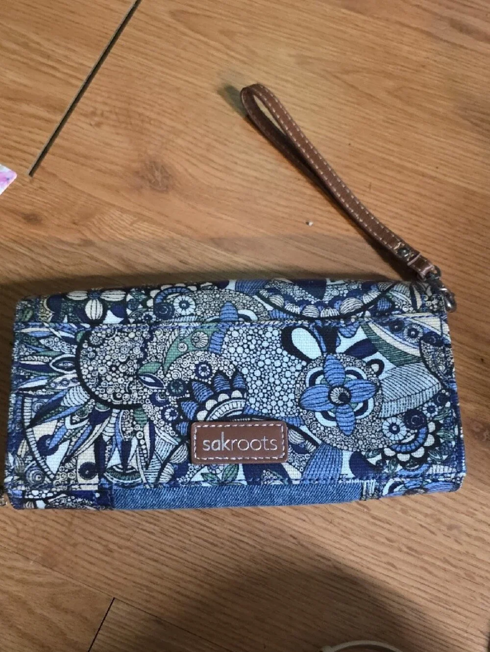Sakroots Blue Floral Canvas Wristlet Card Holder with Denim Trim